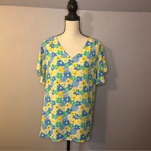 Loft Outlet Bright Floral Summer Top Flutter Sleeve XL Yellow Blue Green